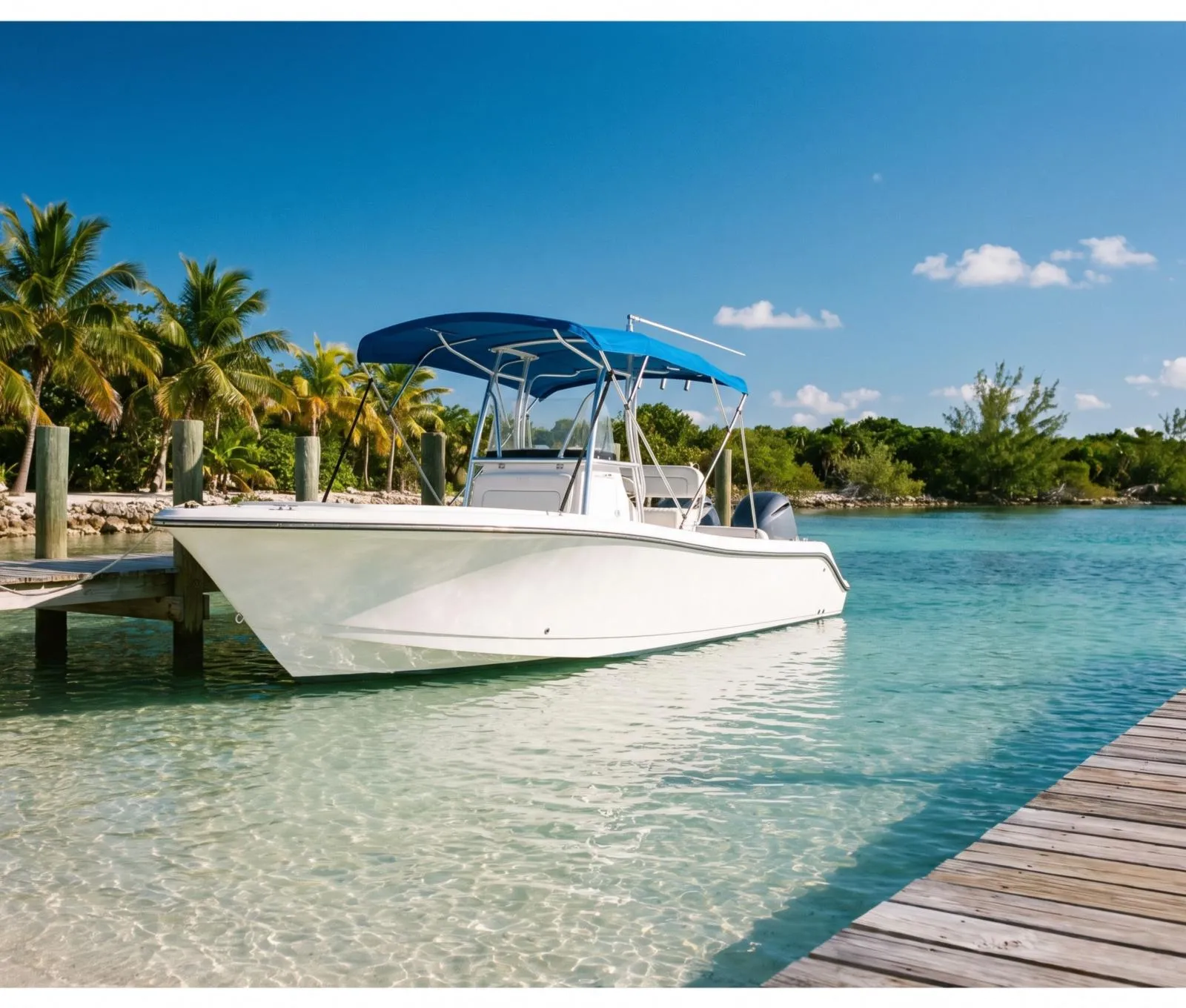 A small rental boat with bimini top tied at a wooden dock