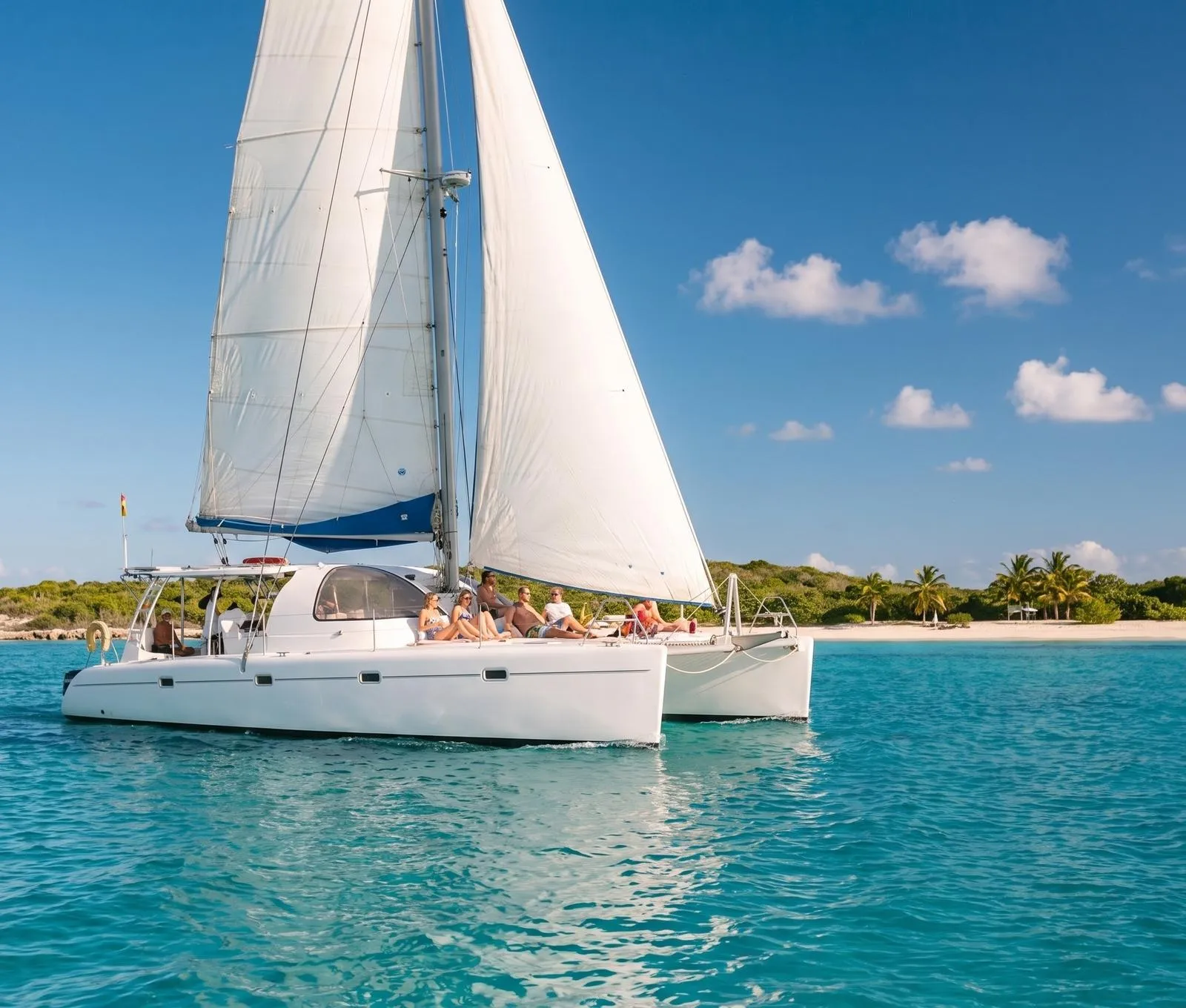 A white catamaran under sail over turquoise water, seen from the side