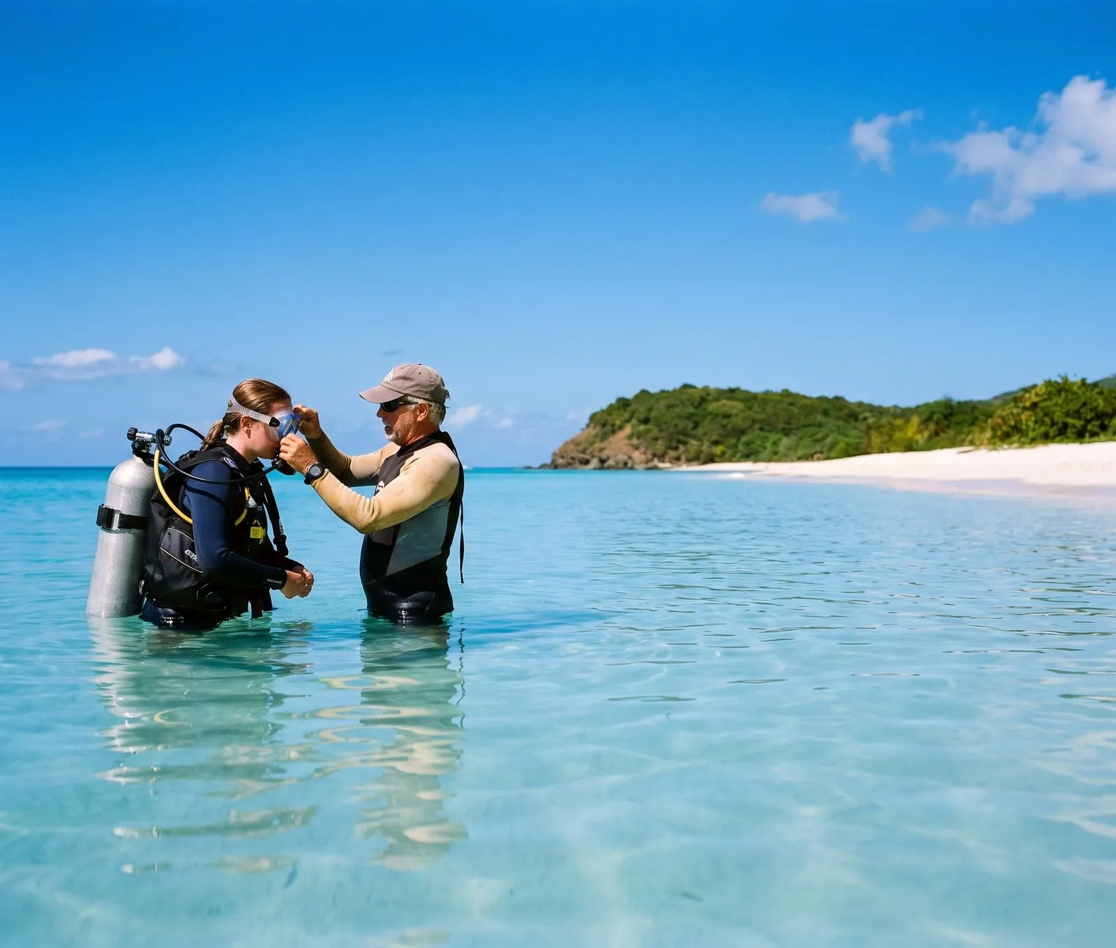 Instructor and first-time diver in waist-deep clear water