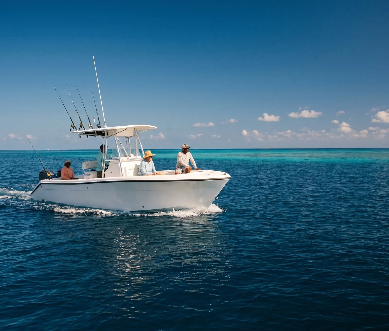 A centre-console fishing boat with rods in holders, open sea