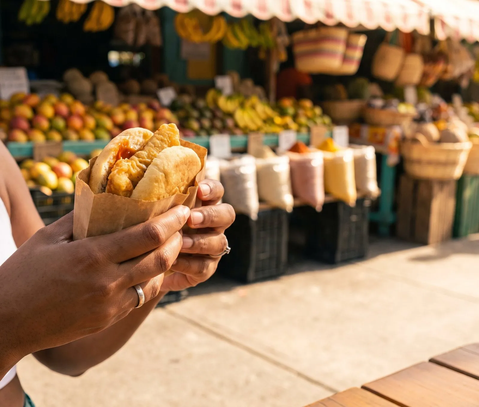 Hands holding local street food, colourful market stall behind