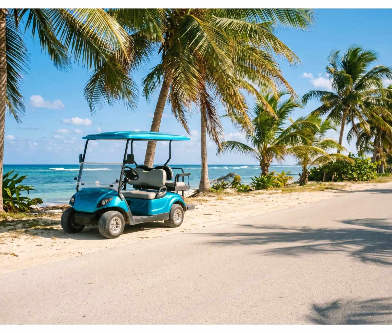 A bright golf cart parked on a palm-lined island road