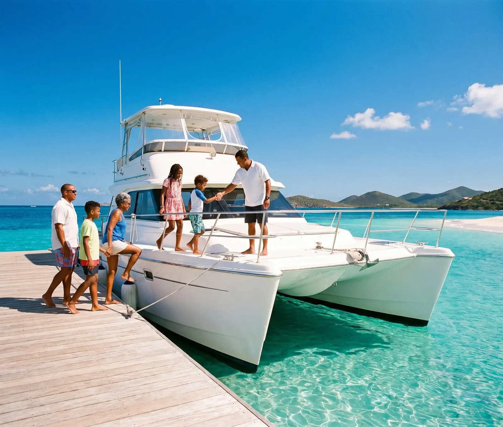 A family stepping aboard a power catamaran at a dock