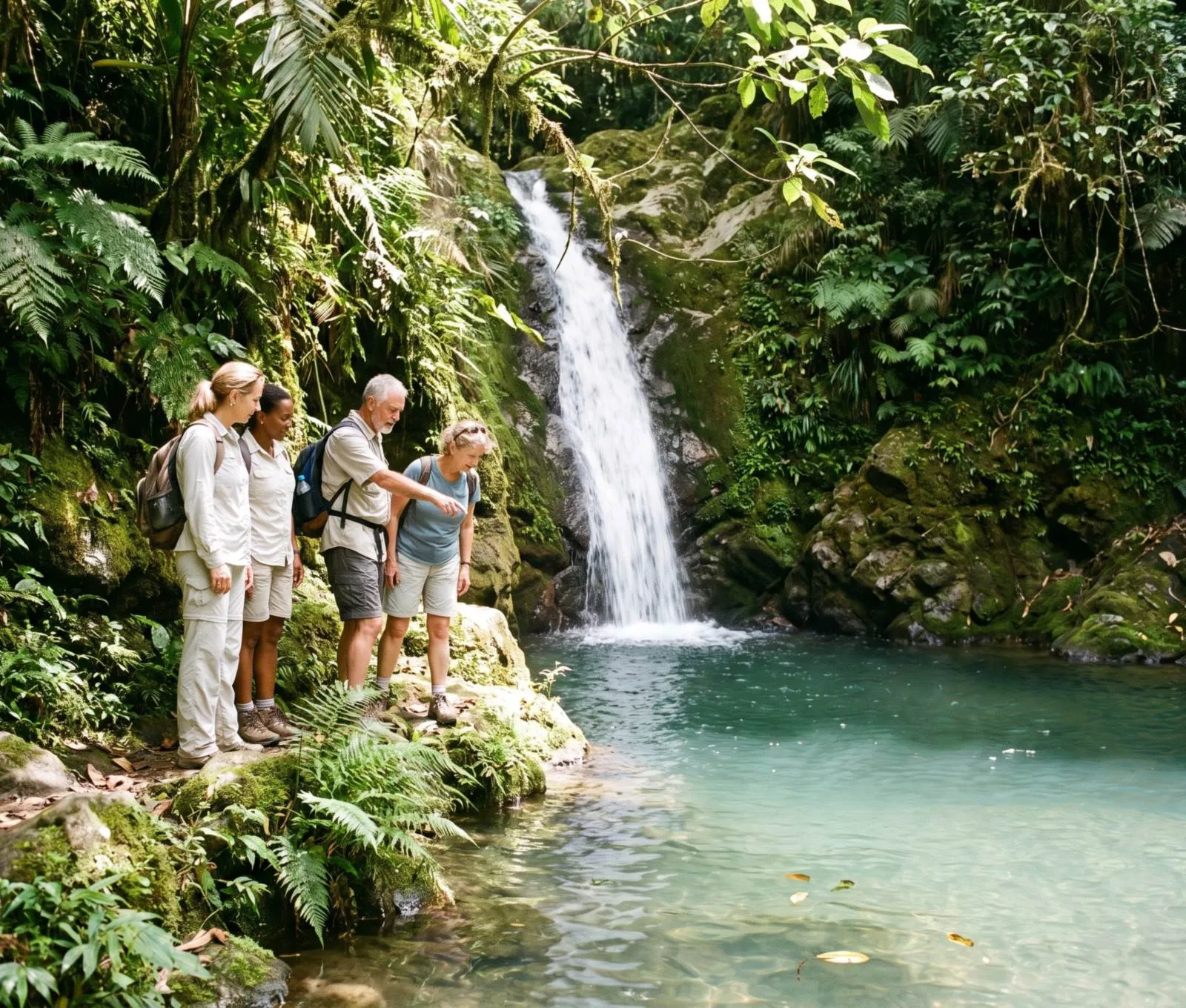 A small group at a jungle waterfall pool