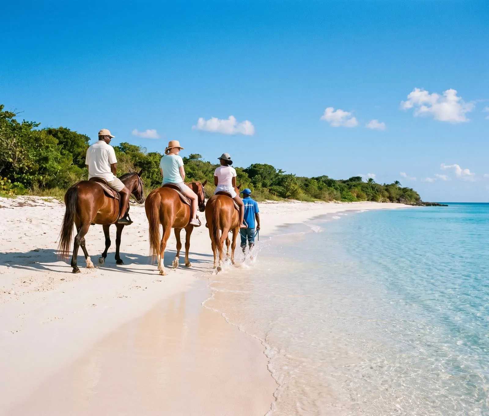 Horses walking along the waterline on a white beach