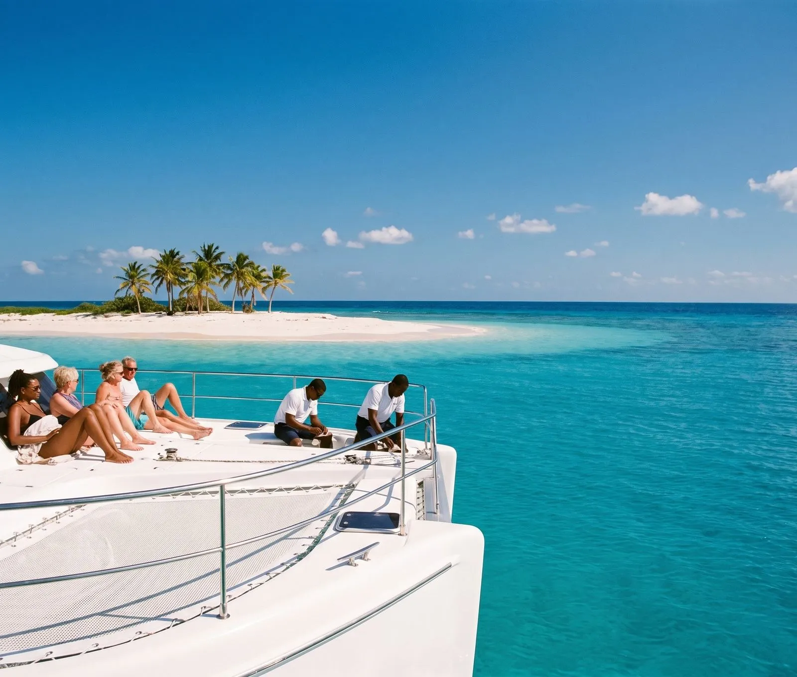 A small sandy cay with palms seen from the bow of a boat