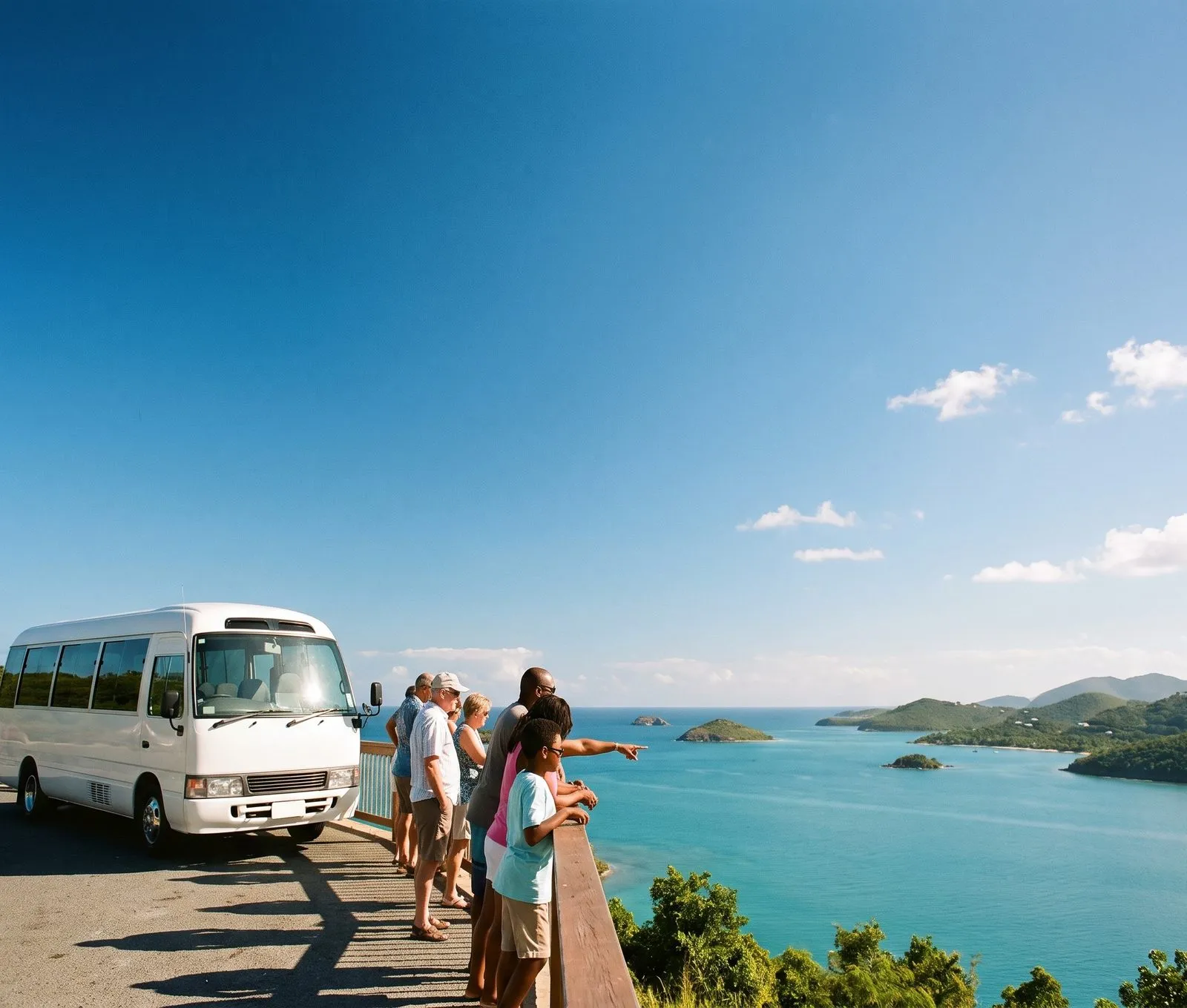 A tour van at a scenic island lookout