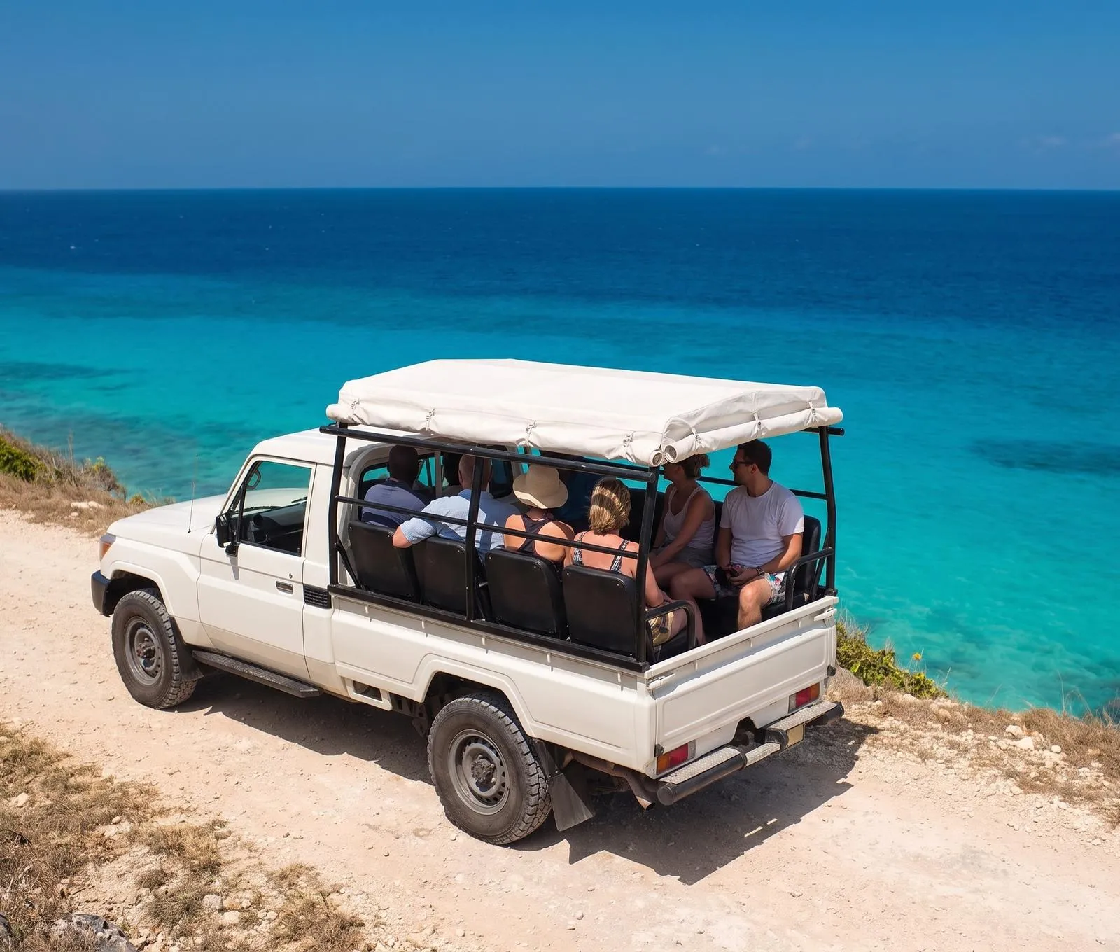 An open 4x4 on a coastal track above the sea