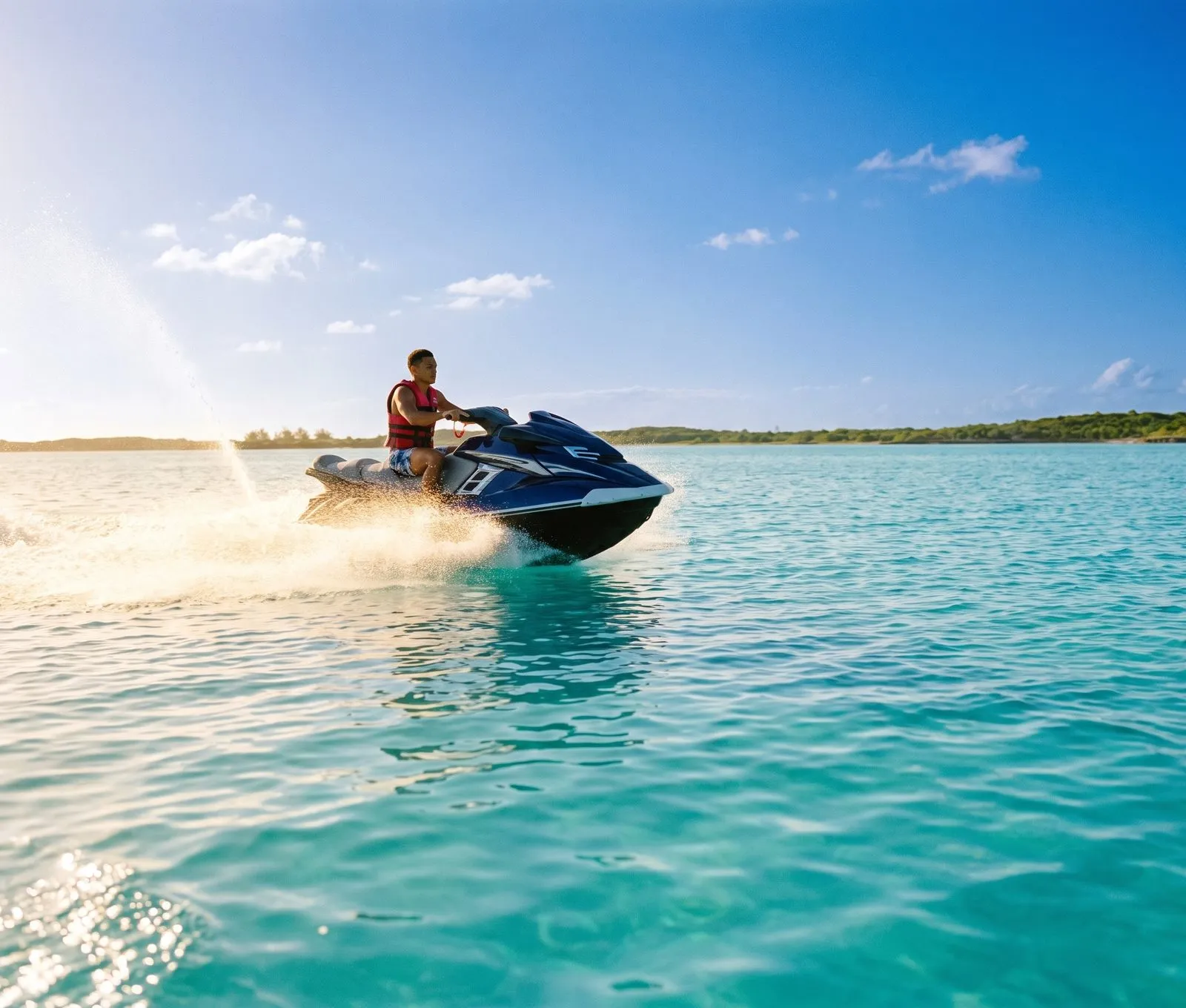 One jet ski spraying across a flat lagoon, water-level shot