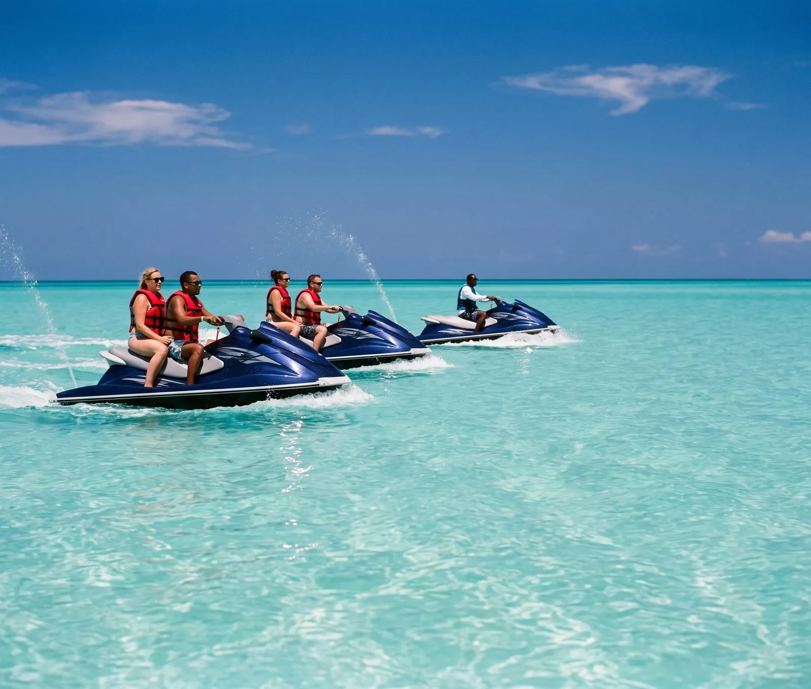 Three jet skis in a line following a guide
