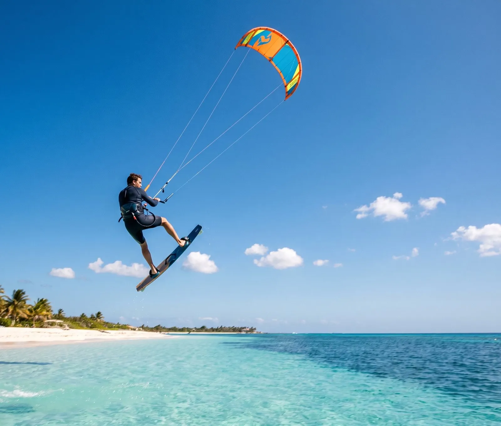 A kite surfer mid-air over turquoise shallows