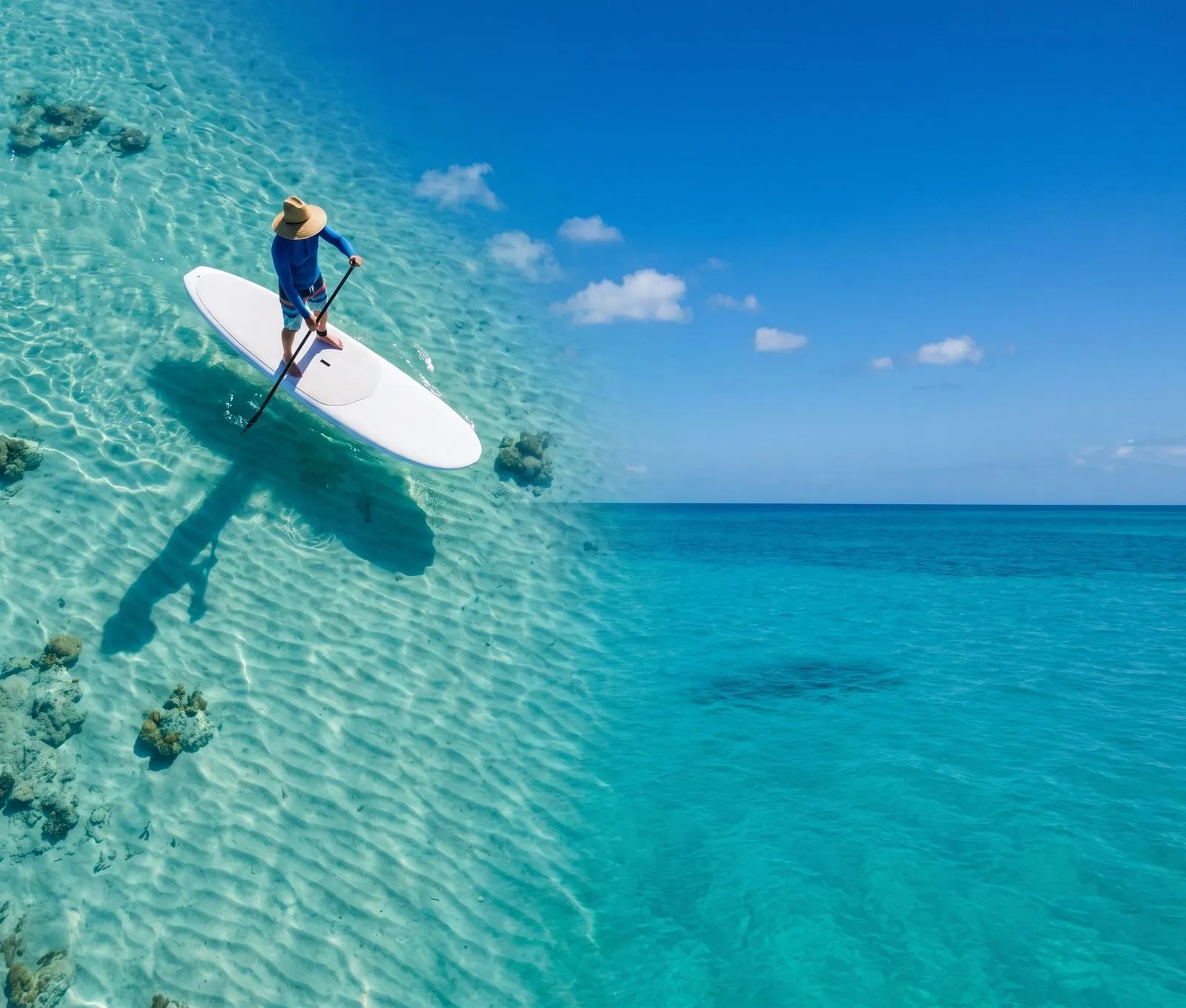 A paddleboarder on glassy water, top-down drone
