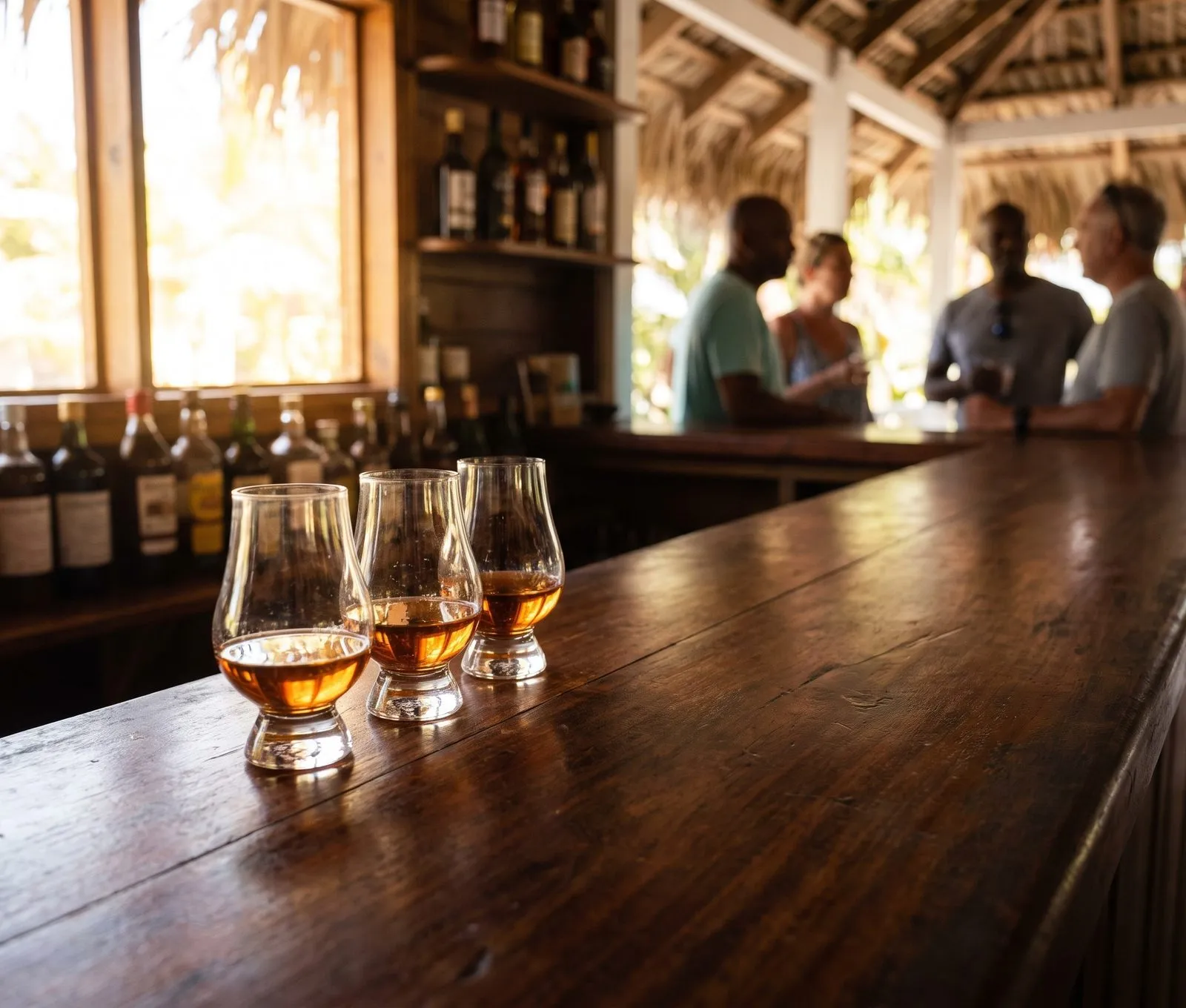 Three small tasting glasses of rum on an old wooden bar