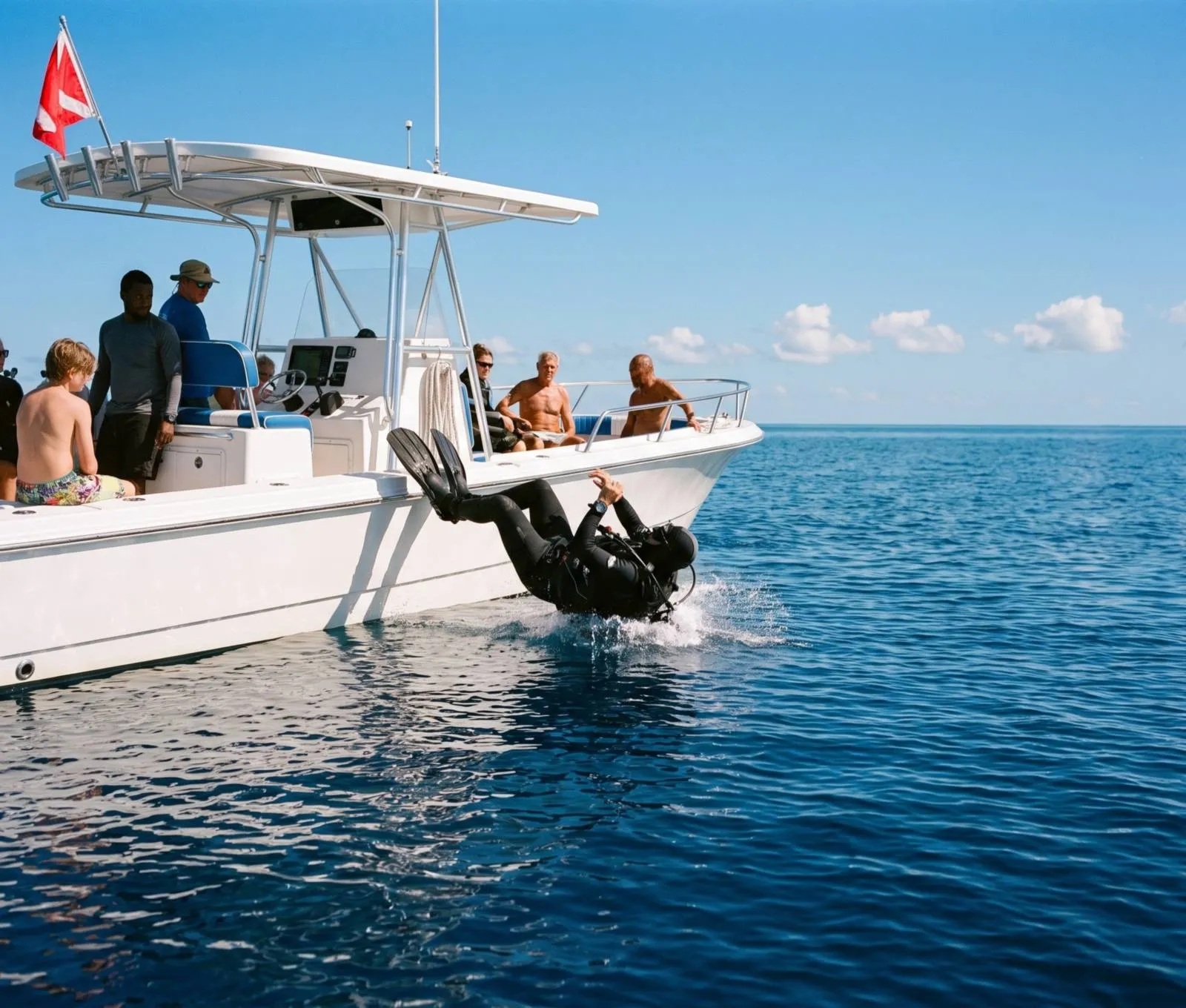 A diver back-rolling off a boat into cobalt water