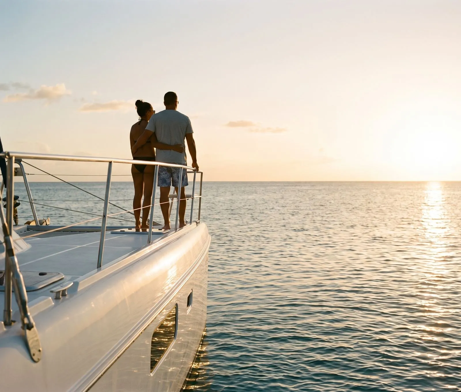 Two people at a yacht stern, honey light, calm sea