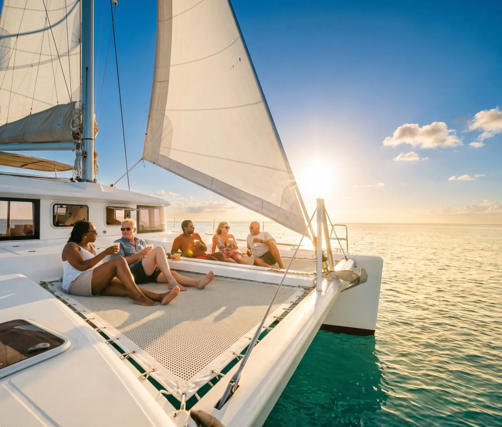 Guests on a catamaran trampoline in golden light, sun low but above the horizon