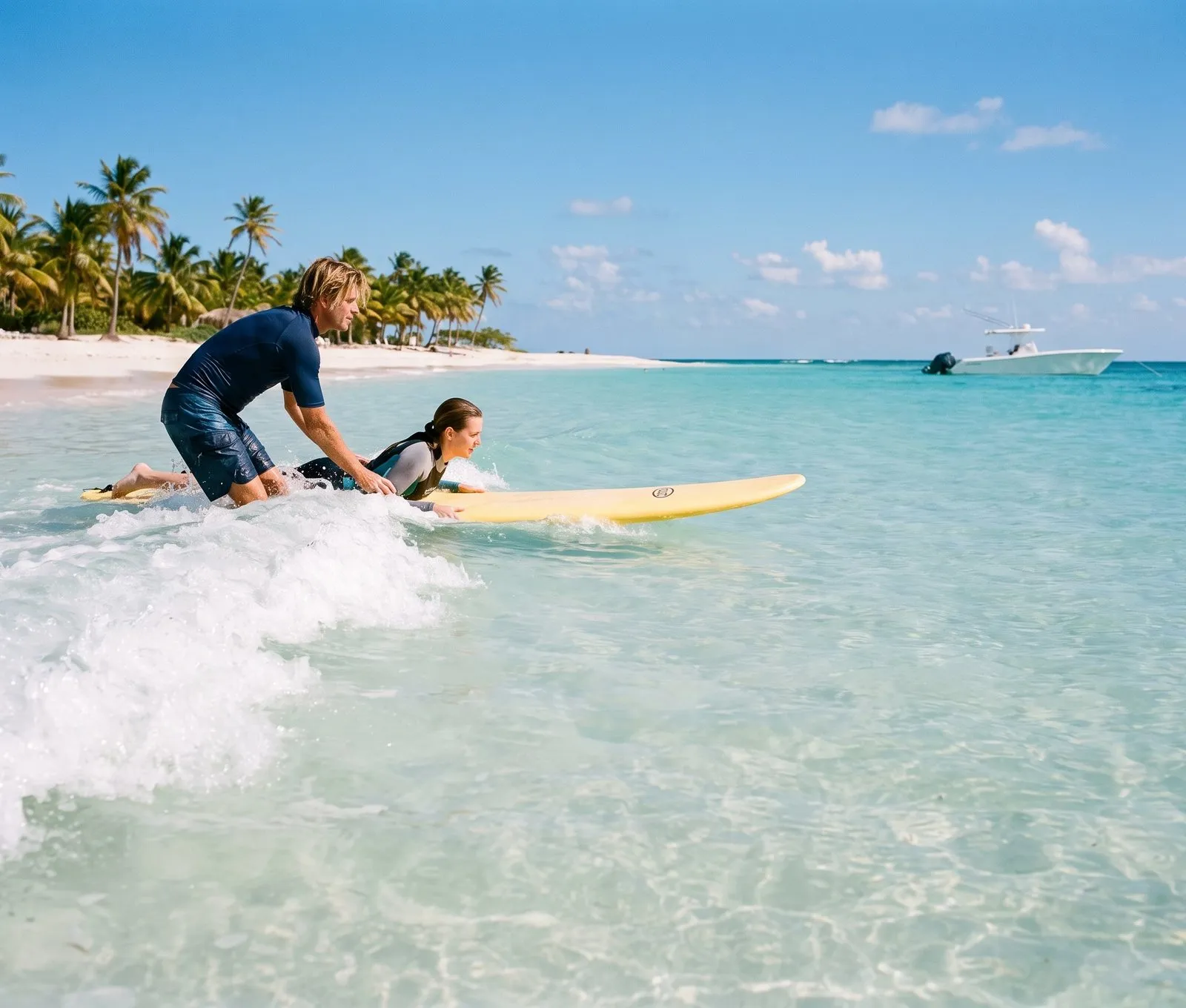 An instructor pushing a beginner onto a small wave