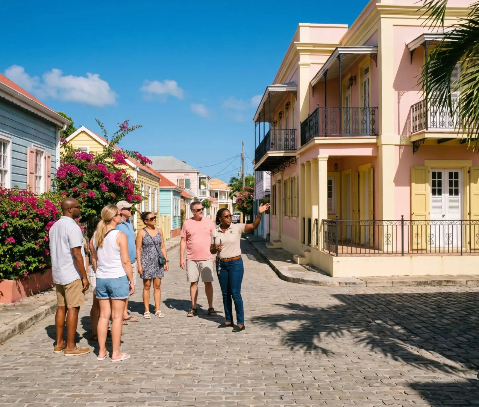 A guide with a small group on a pastel colonial street