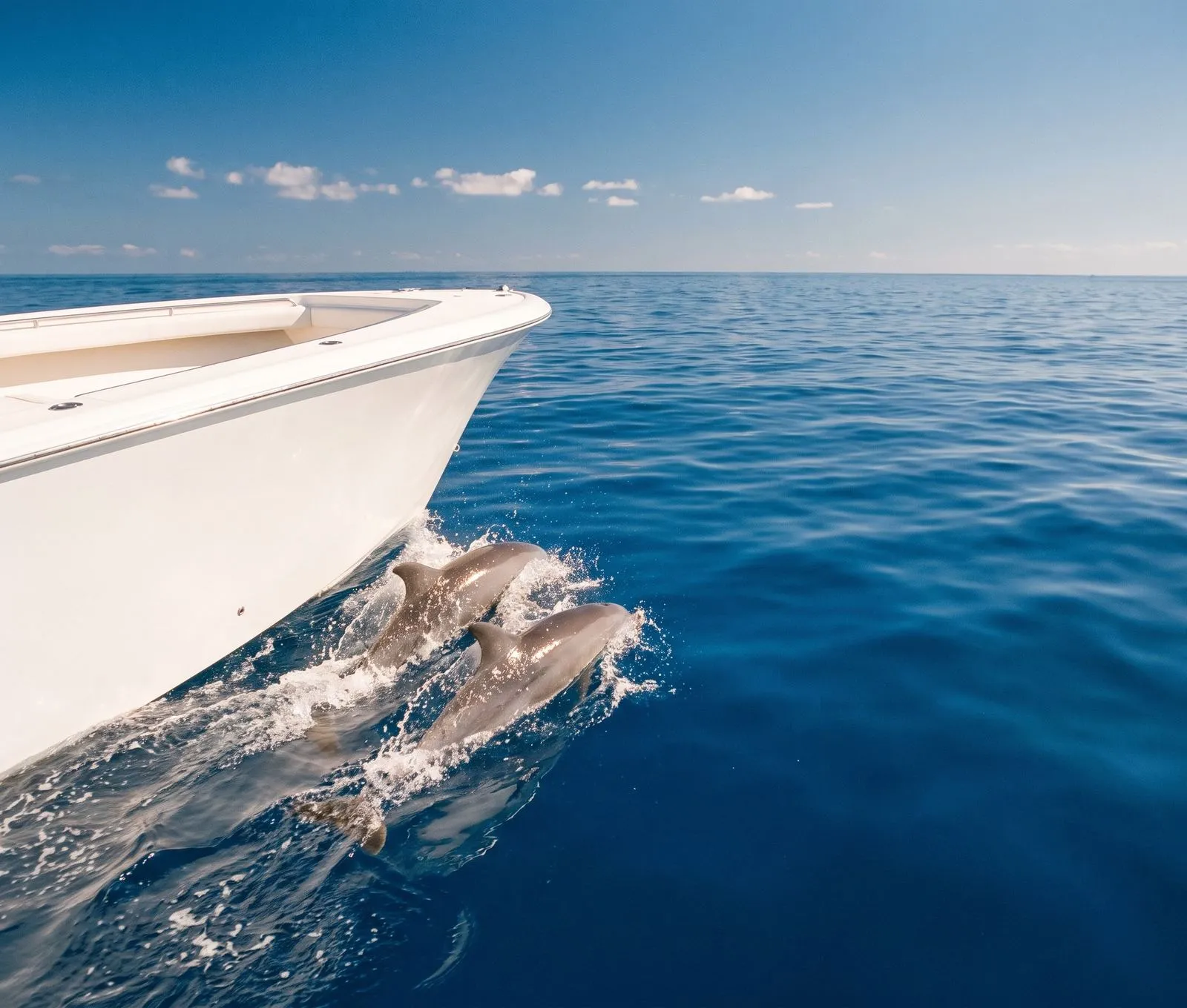 Dolphins breaking the surface beside a boat bow