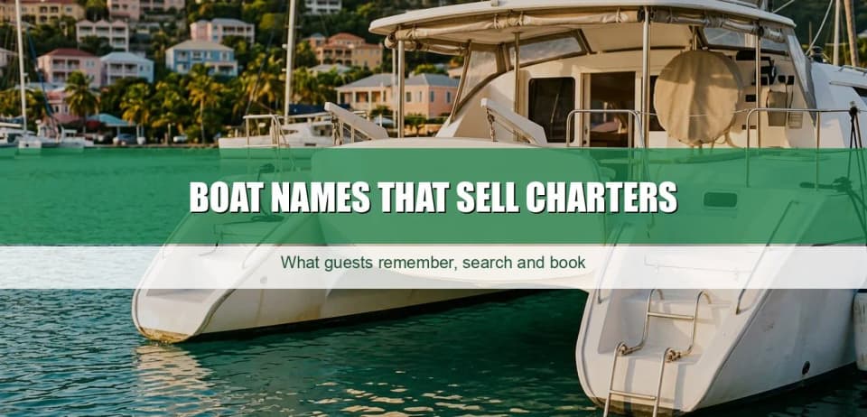 Stern of a white charter catamaran moored in a turquoise Caribbean harbor below a hillside town
