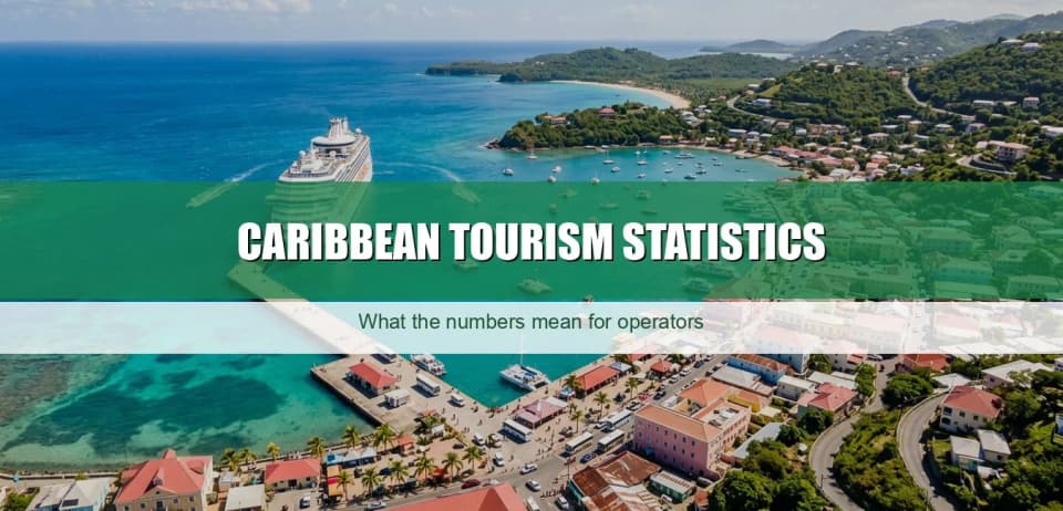 Aerial view of a Caribbean harbor town with a cruise ship and tour boats