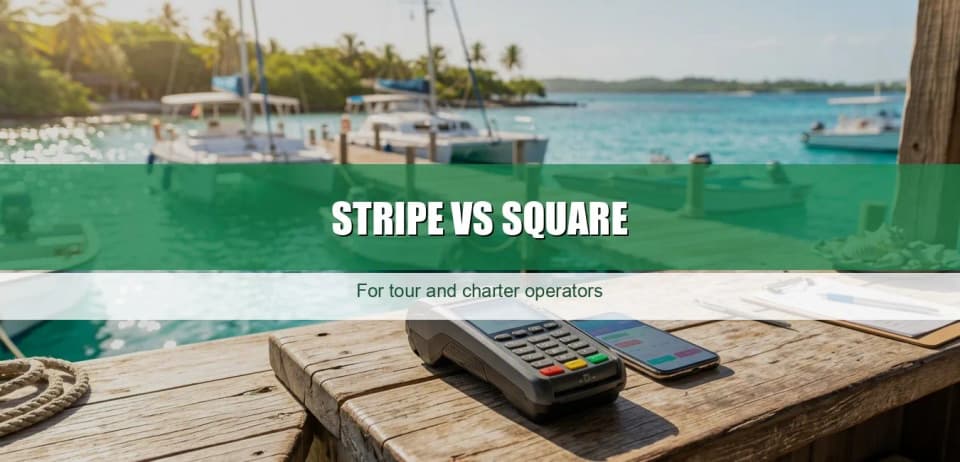 Card terminal and phone on a tour check-in counter at a Caribbean dock