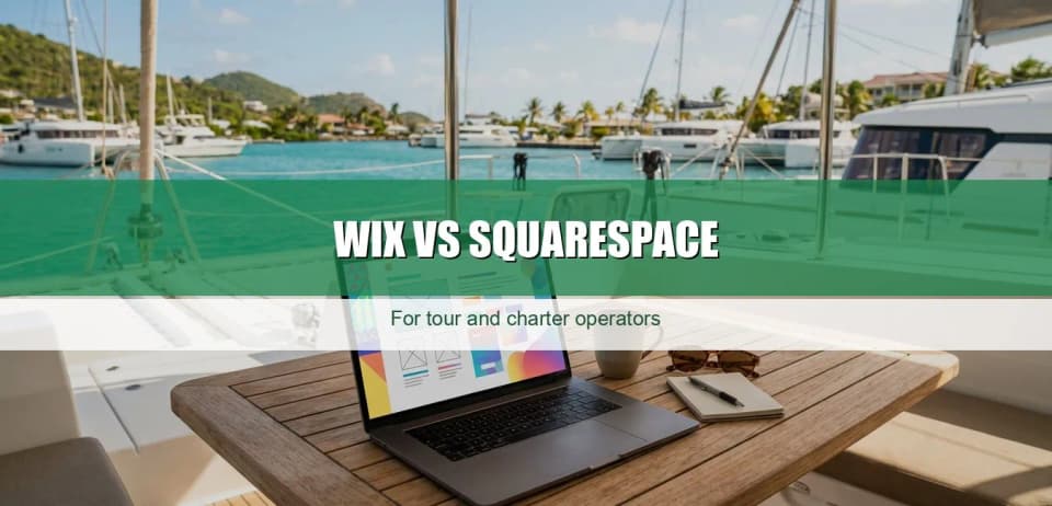 Laptop on a docked catamaran table with a Caribbean harbor behind